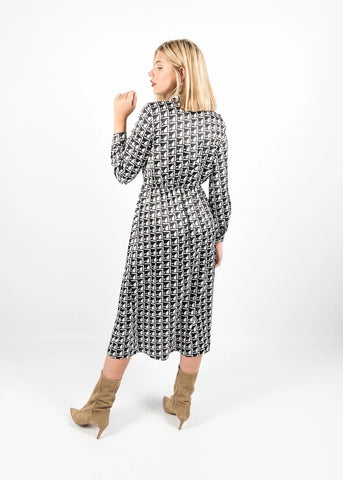 Black White Geometric Pattern Dress in Sheer Satin Style by Linu