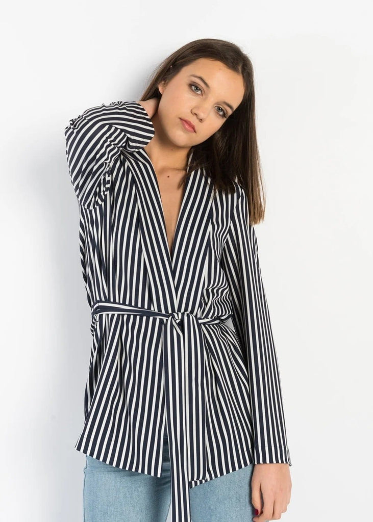 Black White Stripe Blazer Jacket with Collar and Wrapround Belt by Linu Uk 10-14