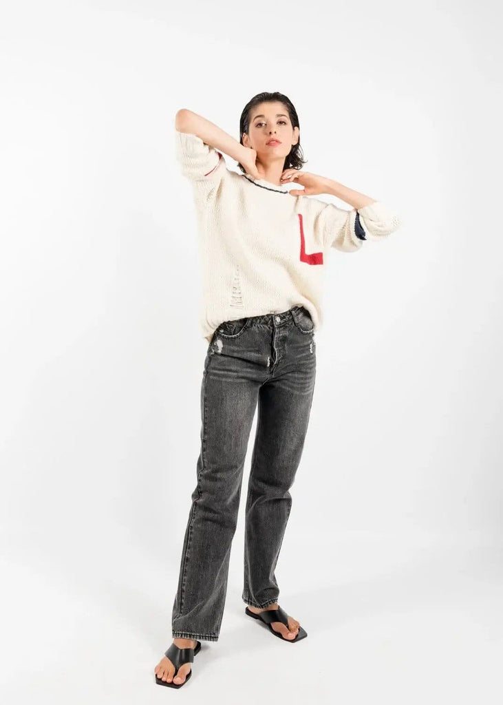 Distressed Ripped Style Preppy Sweater in off White by Linu Uk 10-12