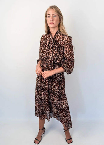 Fitted Animal Print Dress with Neck Tie Bow and Half Sleeve by Linu