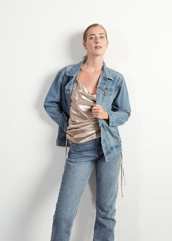 Metallic Grey Sheen Blouse top with Ruched side by Linu