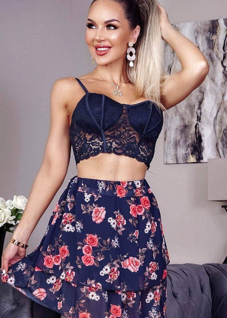 Navy Floral Detailed Mini Skirt by Kat Uk 10-12