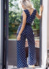 Navy Satin Feel Wide Leg Polka Dot Jumpsuit by Kat Uk 8-12