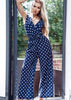 Navy Satin Feel Wide Leg Polka Dot Jumpsuit by Kat Uk 8-12