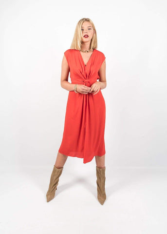 Orange Red Knotted Midriff Mid-length Dress by Linu