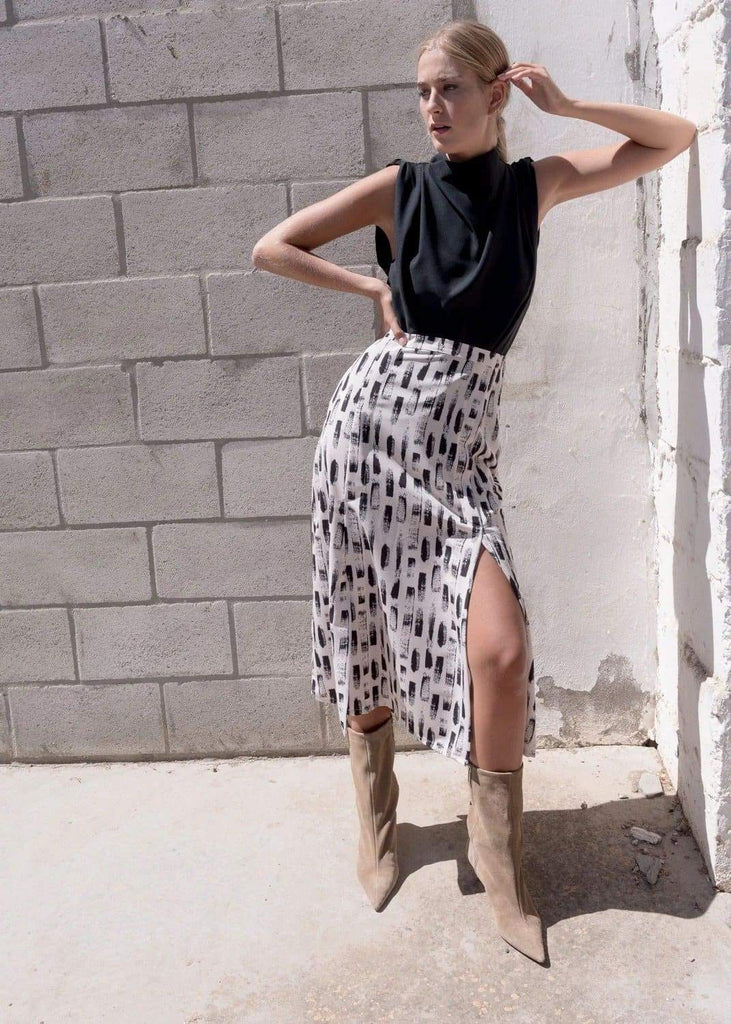 White and Black Print Midi Skirt with side Slit by Linu Uk 10-12