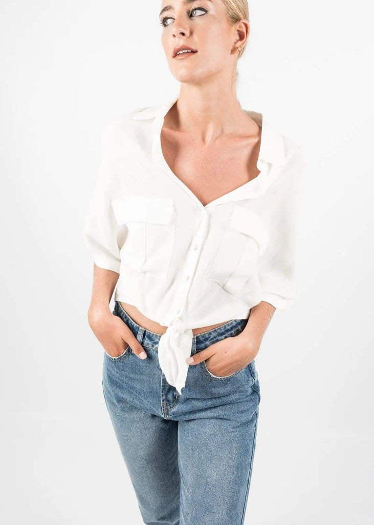 White Loose Fit Blouse Shirt with Knot Tie bottom by Linu Uk 10-12