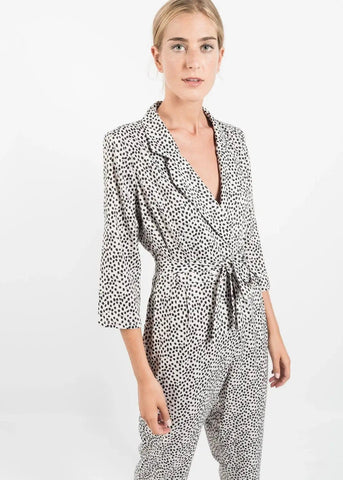 White Polka Dot Styled Jumpsuit with Belt and Lapels by Linu