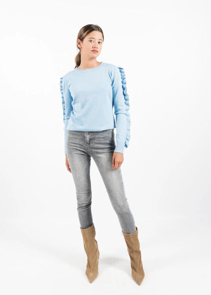 Baby Blue Sweater with Arm Length Ruffle detail by Linu – Threadapy