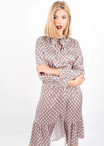 Brown Chain Link Mid-length Dress with Tie Neck Bow by Linu Uk 10-12