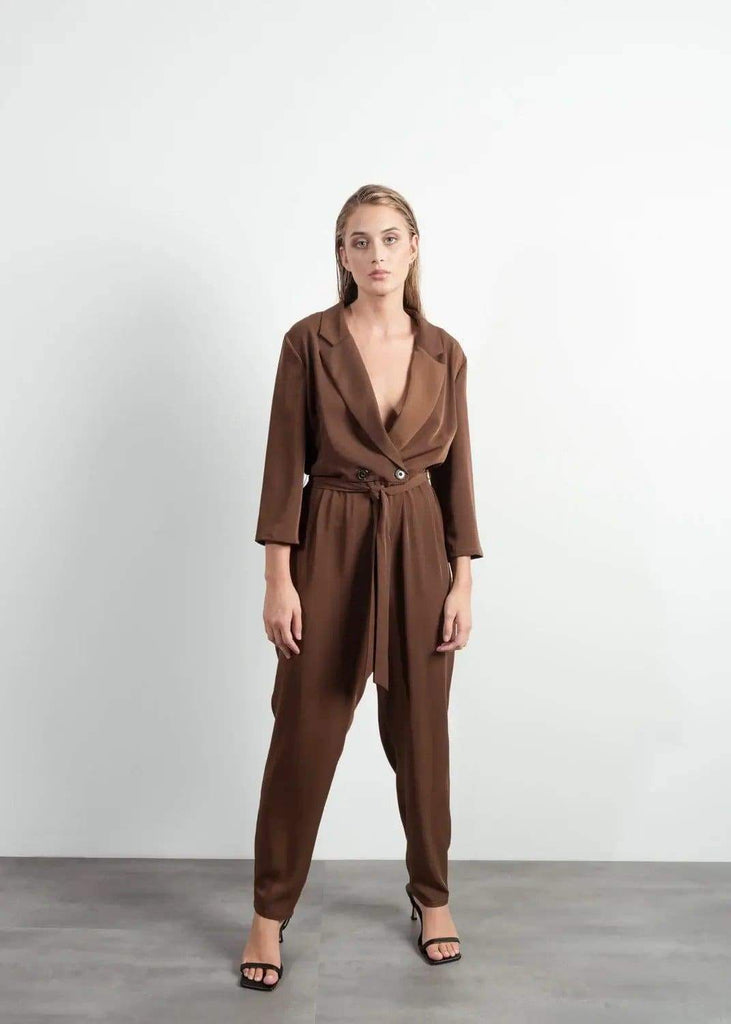 Brown Loose Fit Jumpsuit with Belt and Lapel Style Collar by Linu Uk 12-14