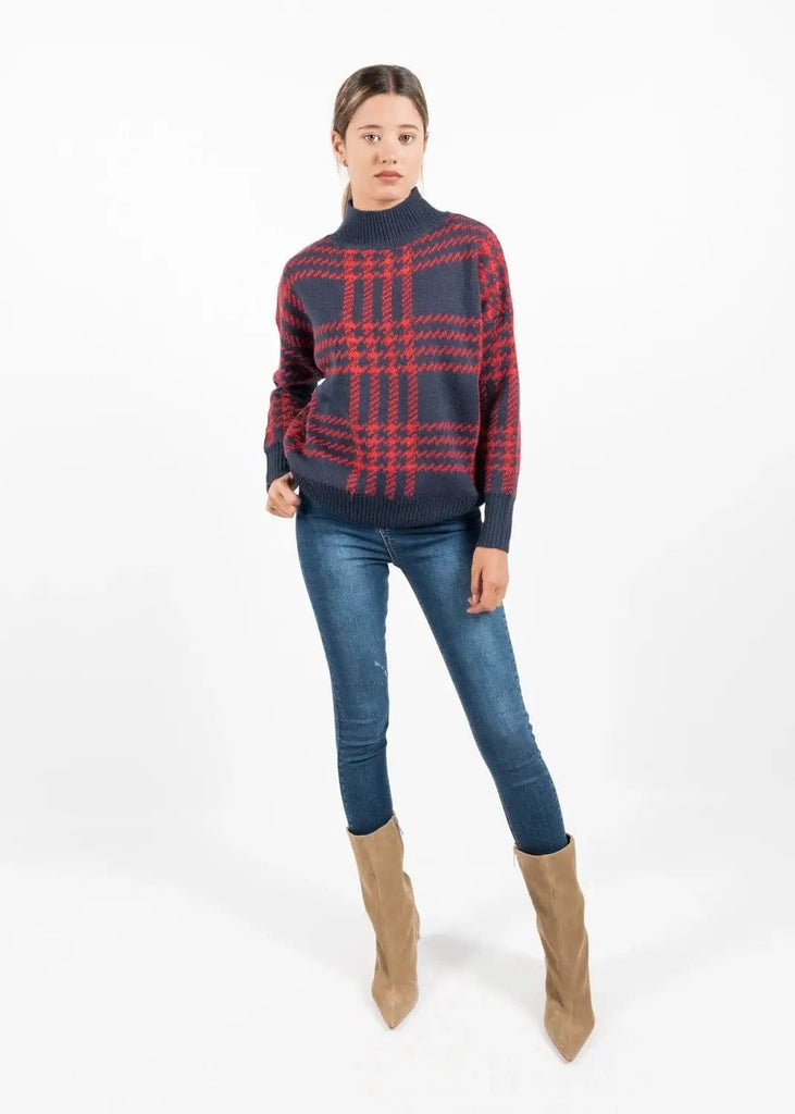Charcoal Grey Black Jumper with Ultra Trendy Red Check Pattern by Linu Uk 12-14