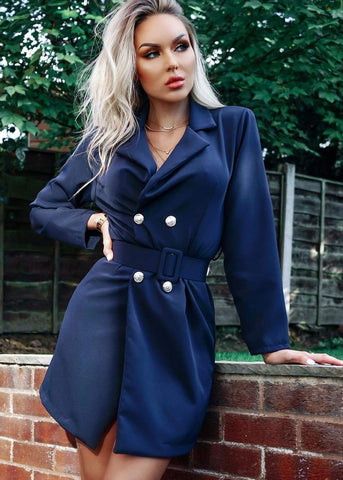 Navy Blazer Dress with Brass Style Double Buttons by Kat Uk 10
