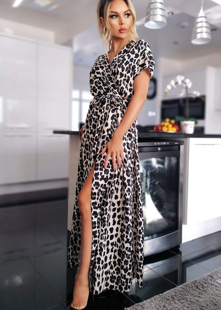 White and Brown Satin Style Leopard Print Maxi Dress by Kat Uk 8-12